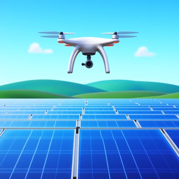 A drone flying above a large solar farm, equipped with sensors and cameras, inspecting the rows of solar panels. The solar panels are arranged in neat rows, glinting in the sunlight, reflecting shades of blue. The background features a clear blue sky with a few white clouds. A distant horizon shows rolling hills, adding depth to the landscape. The drone is captured mid-flight, demonstrating its functionality during a training session.