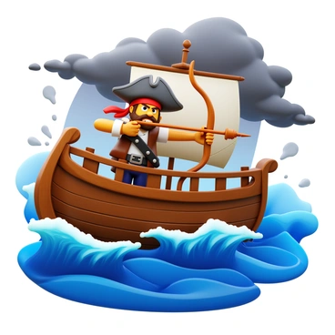 A pirate aiming his crossbow from the deck of a ship in rough seas.