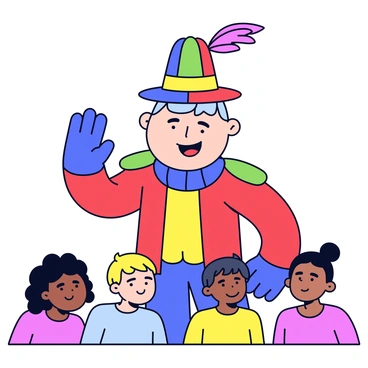 A colorful carnival mascot with a large, cheerful smile is waving to the crowd. The mascot is dressed in a vibrant costume featuring bright red, blue, yellow, and green colors. It has oversized gloves and a tall, floppy hat adorned with colorful feathers. The crowd in front of the mascot is diverse, with people of different ages and backgrounds, all smiling and looking excited.