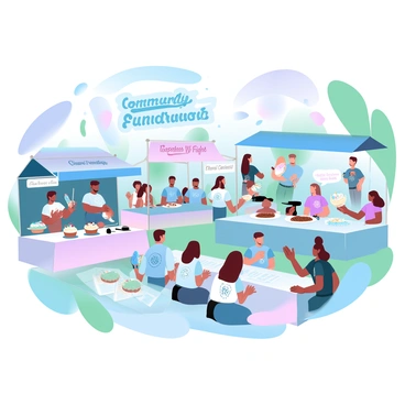 A vibrant community cancer fundraiser event is taking place in a park setting. Colorful booths are set up, each with different themes and activities. One booth features a bake sale with an array of pastries and treats, while another offers handmade crafts for sale. People of various ages are engaging in activities like face painting, balloon twisting, and a raffle drawing. In the background, banners with the words "Community Fundraiser" and "Together We Fight" are displayed prominently. Several tables are filled with informational brochures about cancer awareness and prevention, while a group of volunteers wearing matching t-shirts are assisting attendees. A stage is set up for live performances, with instruments waiting for musicians. The atmosphere is lively and filled with a sense of camaraderie and support.