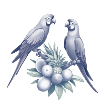 A pair of vibrant parrots sitting on a tropical fruit-laden tree