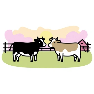 Two cows, one black and white and the other brown, are standing side by side on a grassy field. They are facing each other, with their heads slightly tilted as if in conversation. The sky is filled with hues of orange and pink, indicating a sunset. A wooden fence is visible in the background, along with a distant red barn. The cows appear relaxed, enjoying the warm glow of the setting sun together.