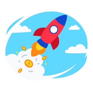 A colorful rocket is soaring into the sky, its engines emitting bright flames and smoke. The rocket's body is painted in vibrant red and blue colors. As it ascends, it leaves behind a shimmering trail of glowing coins in gold and silver, which sparkle and twinkle against the blue sky. The coins appear to cascade downwards, creating a magical effect around the rocket's path. Fluffy white clouds are scattered in the background, adding depth to the scene.