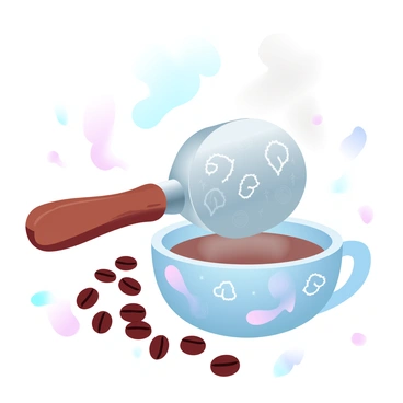 A portafilter is prominently displayed, featuring intricate, colorful designs and patterns etched into its metallic surface. The handle of the portafilter is wooden, showcasing smooth, polished grains. The background consists of soft, gradient pastel colors that enhance the vibrant artwork on the portafilter. Surrounding the portafilter are scattered coffee beans, adding a rich texture to the scene. A steaming cup sits nearby, invitingly filled with freshly brewed coffee.