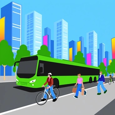 An eco-friendly bus with a sleek, modern design is gliding smoothly along a high-tech city street. The bus features bright green accents and large windows showcasing the interior. The cityscape is filled with tall, shiny skyscrapers made of glass and steel, with digital billboards displaying vibrant advertisements in various colors. Trees line the street, providing bursts of greenery. Pedestrians in stylish attire are walking along the sidewalks, and a few cyclists are riding alongside the bus. The sky above is clear and blue, adding to the lively atmosphere of the bustling city.