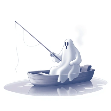 A ghostly figure is seated on a small wooden boat. The figure appears translucent and ethereal, with flowing shapes suggesting a gentle movement. The boat is gently bobbing on the water's surface. A soft mist is rising from the lake, enveloping the area in a light haze. The ghost is holding a fishing rod, with the line dangling into the water, creating subtle ripples. The surrounding environment is calm and still, reflecting the ghost's peaceful demeanor.