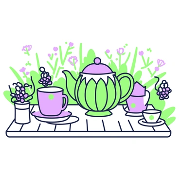 An artichoke-themed tea set is arranged neatly on a garden table made of wood. The set includes a teapot shaped like an artichoke, featuring intricate details that resemble the vegetable's leaves. There are matching cups, each with a small artichoke design on the exterior, alongside saucers that echo the same theme. A small sugar bowl and a cream pitcher are also part of the set, adorned with artichoke motifs. Around the tea set, there are delicate floral arrangements in small vases, enhancing the garden atmosphere. The table is set in a natural outdoor setting, surrounded by greenery and blooming flowers.