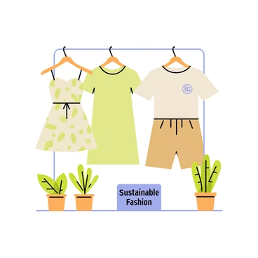 A clothing store display featuring a variety of garments made from sustainable materials. The display includes a light green dress with floral patterns, a beige t-shirt with a simple logo, and a pair of brown shorts. Each garment is hanging from eco-friendly wooden hangers. A small sign at the front reads "Sustainable Fashion" in bold letters. Potted plants are arranged around the display, adding a touch of greenery and emphasizing the eco-friendly theme. The backdrop is a soft, neutral color that highlights the clothing items.