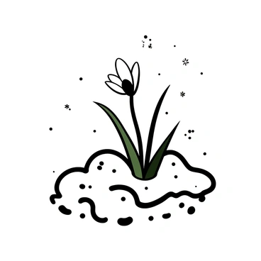 A single snowdrop flower with delicate petals emerging from a patch of melting snow. The snow surrounding the flower is uneven, with varying textures and shapes as it melts away. Small patches of brown earth are visible around the edges of the snow, indicating the transition of the season. The stem of the snowdrop is slender and green, contrasting with the white snow. A few scattered snowflakes can be seen in the air, slowly drifting down.