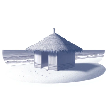 A hut with a thatched roof is situated on a sandy beach. The structure features wooden walls and an open entrance. The surrounding area is covered with fine grains of sand. In the background, waves gently lap against the shoreline of a large body of water. The scene conveys a tranquil coastal setting, with the horizon line visible where the water meets the sky.