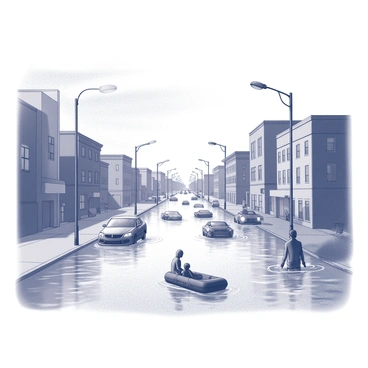 A city street is submerged in water, resembling a river flowing through the urban landscape. Buildings line the street, with their lower levels partially underwater. Vehicles are either stalled in the water or floating gently. Streetlights stand tall, their bases wet from the rising water. The scene captures the chaotic aftermath of a storm surge, with waves lapping against the sidewalks and debris scattered around. People are seen wading through the water, some using makeshift rafts while others attempt to navigate the flooded streets. The sky overhead is overcast, hinting at the lingering effects of the storm.