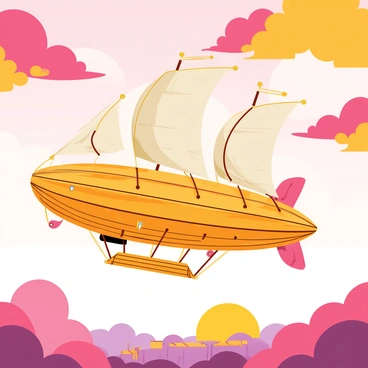 A fantastical airship with large, billowing sails is sailing through a sky filled with colorful clouds. The airship features intricate wooden carvings and brass details, with small portholes along its sides. The clouds are a mix of vibrant shades of pink, purple, and orange, creating a dynamic backdrop. Below, there are hints of a distant landscape with rolling hills and small towns. The sun is setting, casting a warm golden light that highlights the contours of the airship and the fluffy clouds.