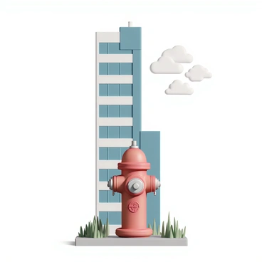 A red fire hydrant, with a shiny metallic nozzle and engraved markings, stands firmly at the base of a tall high-rise building. The high-rise is made of glass and steel, reflecting the sunlight and showcasing various floors with windows. Surrounding the hydrant, there are small patches of green grass and concrete pavement, adding contrast to the scene. The sky above is clear with a few fluffy clouds scattered, creating a bright backdrop for this urban setting.