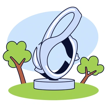 A metal sculpture with a shiny silver finish. The sculpture features intricate designs and shapes, with singed accents that appear darker and textured, giving a contrast to the polished areas. The sculpture is mounted on a concrete base and surrounded by lush green grass in a park setting. In the background, there are a few trees with bright green leaves, and a clear blue sky overhead.