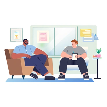 An experienced entrepreneur with short black hair and glasses is sitting on a brown leather sofa, leaning slightly forward and engaging in conversation. They are wearing a light blue button-up shirt and dark jeans. Opposite them, a young business owner with curly brown hair is attentively listening while seated on a modern white chair. They are dressed in a casual grey t-shirt and black trousers, holding a notebook and a pen. In the background, there are large windows allowing natural light to fill the room, and on a nearby coffee table, there are several business books and a steaming cup of coffee. The walls are adorned with motivational posters, creating a welcoming atmosphere.