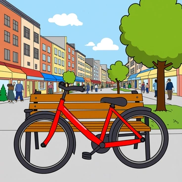 A bicycle leaning against a park bench in a busy urban area