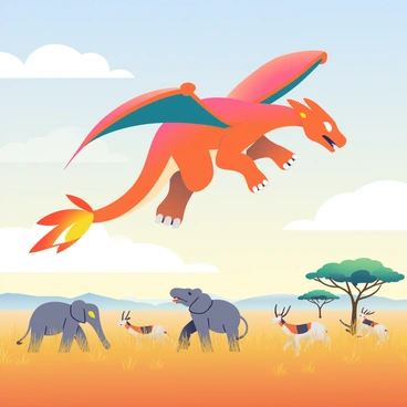 Charizard on a safari adventure, observing exotic wildlife on the savanna