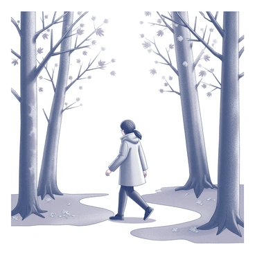 A person walking along a path in a forest during autumn. The individual is dressed in a warm coat and is enjoying the surroundings. Various trees with textured bark stand tall on either side of the path, their branches adorned with leaves in different stages of falling. Leaves of different shapes and sizes are seen drifting down from the branches, some caught gently in the breeze. The ground is partially covered with a layer of fallen leaves, creating a rustic carpet of nature.