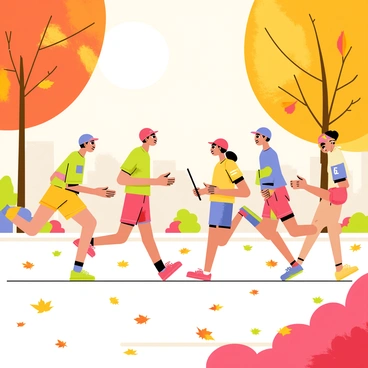 A group of runners in colorful athletic gear participating in a relay race. The scene is set in a picturesque autumn park, with vibrant orange, red, and yellow fallen leaves covering the ground. Each runner is passing a baton, showcasing their teamwork and speed. Trees with colorful foliage frame the background, enhancing the autumn atmosphere. Sunlight filters through the branches, creating a warm, inviting glow over the participants.