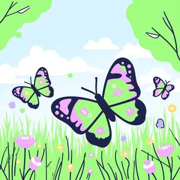 A group of butterflies is fluttering in a meadow filled with tall grasses and wildflowers. Each butterfly has wings adorned with intricate designs that resemble various cryptocurrency symbols and patterns. The butterflies are in different sizes and orientations, showcasing their unique wing patterns. The meadow is dotted with colorful flowers, and a clear blue sky stretches overhead. Sunlight filters through the leaves of nearby trees, casting gentle shadows on the ground.