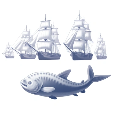 A coelacanth, a prehistoric fish with a robust and lobed body, is swimming gracefully beneath a fleet of ancient sailing ships. The ships have tall, billowing sails that catch the wind, and their wooden hulls are detailed with ropes and rigging. Beneath the surface, the coelacanth's unique fins are splayed as it glides through the water, showcasing its intricate scale patterns. The scene captures the interaction between the ancient marine creature and the historic vessels above, highlighting the contrast between the underwater world and the maritime activity occurring at the surface.