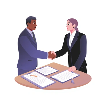 A digital flat illustration depicting two businesspeople shaking hands. The man on the left has dark skin and is wearing a navy blue suit with a light blue shirt and a patterned tie. The woman on the right has light skin and is dressed in a tailored black suit with a white blouse. They are standing in front of a large contract document that is placed on a wooden table. The contract has text visible on it and a pen resting on top. The background includes a simple office setting with a soft color palette.
