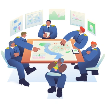 A group of pilots gathered around a map table discussing flight routes