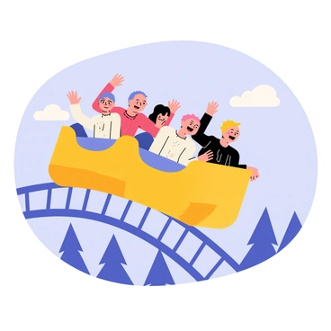 A roller coaster cart with four people seated inside. The cart is climbing a steep, first big hill. Each person has a different expression of excitement on their face, with their hands raised and mouths open in joyful screams. The background features a blue sky with a few fluffy white clouds and the outline of trees below. The roller coaster tracks are visible, curving downwards to indicate the thrilling descent ahead.