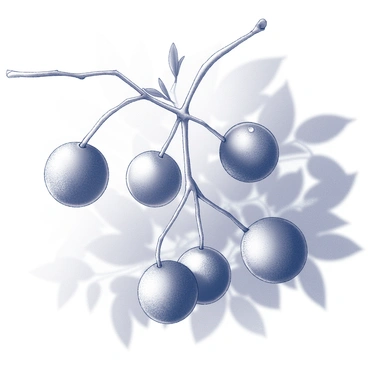 A close-up view of several dewy berries clinging to slender branches. The berries are round and slightly translucent, showcasing droplets of water on their surfaces. The branches are thin and delicate, with small leaves surrounding the berries. Soft sunlight filters through the surrounding foliage, creating gentle highlights and shadows around the scene. The background is slightly blurred, emphasizing the rich details of the berries and branches in the foreground.