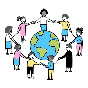 A spherical representation of "Earth" in the center of the image, clearly showing continents and oceans. Around the "Earth," there are "people of different cultures" standing in a circle. Each person is depicted in traditional attire that reflects their unique culture. They are reaching out and "holding hands," creating a sense of unity. The individuals vary in height and appearance, showcasing diversity. The background is minimalistic, focusing on the Earth and the figures holding hands.