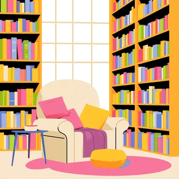 A grand library featuring towering wooden bookshelves filled with colorful books. The shelves extend high towards the ceiling, showcasing a variety of genres and titles. In the foreground, a cozy reading nook is visible, complete with a plush, oversized armchair surrounded by an array of soft pillows and warm blankets. A small side table holds a steaming cup of tea, and a soft rug is placed underfoot, adding to the inviting atmosphere of the space. Sunlight streams through large windows, casting warm light across the cozy reading area.