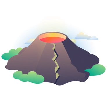A large volcano with a rugged, dark brown exterior is centered in the image. A visible fault line, marked by a crack in the earth, leads up towards the volcano's crater. The fault line is highlighted with jagged edges and hints of lighter soil tones, indicating recent geological activity. At the top of the volcano, the crater is wide and partially filled with glowing orange lava. Surrounding the volcano are patches of green vegetation, contrasting with the rocky terrain. The sky above is clear, allowing sunlight to illuminate the scene, emphasizing the textures of the volcanic rock and the fault line.