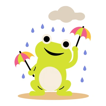 A cartoon frog with bright green skin is holding a tiny, colorful umbrella. The frog has big, round eyes and a wide smile, showcasing its cheerful demeanor. Around the frog, several raindrops are falling from a gray cloud above, creating a playful scene. The ground beneath the frog is a soft, light brown, suggesting a muddy area. The tiny umbrella has a vibrant pattern, adding a pop of color to the image.