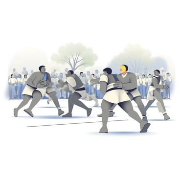 A vintage black and white photograph depicts an early kabaddi match in progress. The players, wearing traditional attire that includes dhotis and kurtas, are engaged in the game, showcasing dynamic movements and athleticism. Some players are in mid-action, with one attempting to tag an opponent while others are strategically positioned around the field. The backdrop features a crowd of spectators, who are intently watching the match, and there are trees in the distance providing a natural frame to the scene. The overall atmosphere captures the excitement and spirit of the traditional sport.