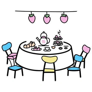 A round table set for a tea party, covered with a white tablecloth. On the table, there are several strawberry-themed treats displayed. There is a three-tiered cake stand featuring strawberry shortcakes, chocolate-dipped strawberries, and strawberry tarts. Surrounding the table are mismatched chairs, some painted in pastel colors. In the center of the table, there is a large teapot with a floral design and a cup set next to it. There are colorful plates and napkins laid out for guests. Hanging above the table, paper lanterns in the shape of strawberries are strung across, adding to the decor.