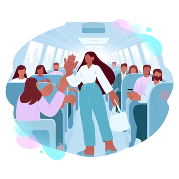 An Indian woman is standing on a crowded city bus, wearing a stylish modern outfit that includes a fitted blouse and tailored pants. She is holding onto a handrail with one hand while balancing a tote bag with the other. Around her, various passengers are seated and standing, showcasing a diverse mix of clothing styles. The interior of the bus is filled with gradient pastel colors, creating a vibrant atmosphere that enhances the bustling scene. A few of the passengers are focused on their phones, while others engage in quiet conversations. The bus windows reveal a glimpse of a busy cityscape in the background.