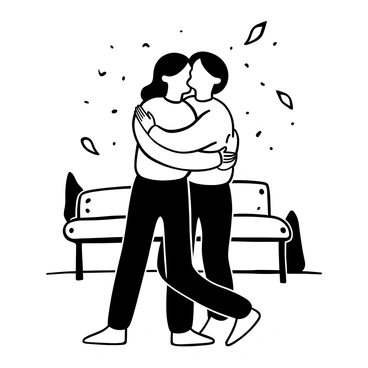 Two friends standing close together, with their arms wrapped around each other in a warm embrace. The background features a simple park scene with a few trees and a bench. One friend is wearing a sweater, while the other has on a jacket. Leaves can be seen gently falling around them, adding to the peaceful atmosphere of the moment.