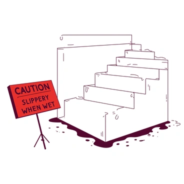 A white staircase is positioned in the center of the image, with each step glistening under a sheen of water. Water is visibly dripping down the edges of the steps, creating small puddles at the base. To the side of the staircase, there is a red sign that reads "Caution: Slippery When Wet" in bold letters. The sign is securely placed on a small stand, and the overall atmosphere suggests a wet, cautionary environment.
