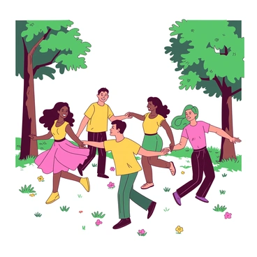 A group of people dressed in vibrant clothing is dancing joyously in a clearing. The dancers are of various ages and backgrounds, each expressing happiness through their movements. Brightly colored flowers are scattered across the grassy ground, adding to the lively atmosphere. Tall trees frame the clearing, their green leaves swaying gently in the breeze. Sunlight filters through the branches, casting dappled patterns on the ground. Some dancers hold hands, while others twirl individually, their smiles radiating joy.