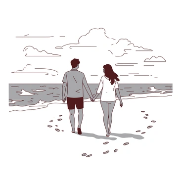 A couple is walking hand in hand along a beach, leaving footprints in the wet sand. The waves are gently lapping at the shore near their feet. The sky above is filled with soft clouds, creating a peaceful atmosphere. The couple is wearing casual beach attire, and their silhouettes are positioned against the horizon, showcasing their connection as they stroll.