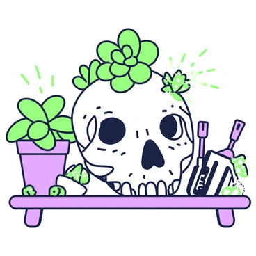 A dog skull positioned on a wooden table serves as a unique planter. The skull is detailed, showcasing its eye sockets, nasal cavity, and teeth. Tiny succulents of various shapes and sizes are sprouting from the top and sides of the skull, their green leaves contrasting against the bone. The background includes a small potted plant and gardening tools, adding context to the scene. Sunlight casts soft shadows around the arrangement, highlighting the textures of both the skull and the succulents.