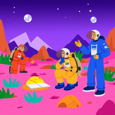 A group of three astronauts in space suits are exploring a distant planet with a rocky, rugged terrain. The planet's surface is covered in colorful, unusual plants and sharp rock formations. In the background, two moons can be seen in a purple sky filled with bright stars. One astronaut is examining a strange, glowing rock while another kneels down to take notes. The third astronaut is looking up at a distant mountain range that towers majestically against the horizon. Each astronaut's helmet reflects the vibrant colors of the landscape around them.