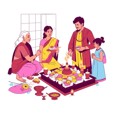 A group of four family members is gathered around an elaborate onathappan. The onathappan is adorned with vibrant flowers and intricate decorations, showcasing a rich display of colors. The family consists of an elderly woman in a colorful sari, a middle-aged man wearing a traditional kurta, a young woman in a festive dress, and a little boy in a traditional outfit. They are standing in a warmly lit room, with a few candles flickering nearby. The atmosphere is filled with a sense of devotion as they participate in the traditional puja ceremony, holding flowers and offerings in their hands, with expressions of reverence on their faces.