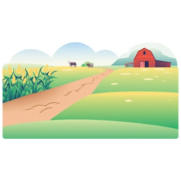 A peaceful farmland with a subtle fault line running through the fields