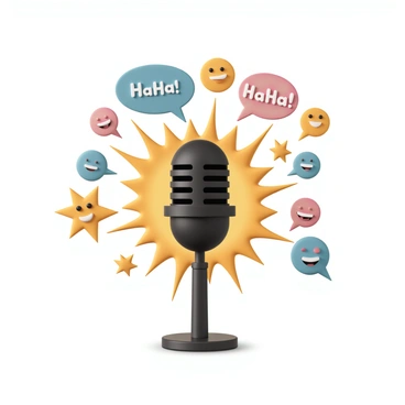A black microphone is positioned at the center of the image, with a stand holding it upright. Surrounding the microphone are vibrant symbols of laughter, including various colorful speech bubbles, comic-style "HaHa!" text, and smiling emoticons. The laughter symbols are bursting outward in a dynamic, energetic manner, showcasing a range of bright colors like red, yellow, blue, and green. The background is a subtle gradient that enhances the vividness of the laughter symbols, creating a lively atmosphere that reflects the joy of comedy.