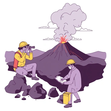 Two scientists in protective gear are positioned at a safe distance from an active volcano. One scientist is using binoculars to closely observe the erupting volcano, while the other is jotting down notes on a clipboard. The volcano emits thick gray smoke and bursts of orange lava, creating an intense scene. The ground around them is covered with volcanic rocks and patches of blackened earth, contrasting with the bright gear of the scientists. They are surrounded by a landscape of distant hills, partially obscured by the ash clouds rising from the volcano.