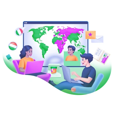 A modern pastel illustration depicting students from different countries video chatting on laptops. Each student is shown in a distinct and colorful space, representing their diverse backgrounds. In the background, a large world map is displayed, highlighting various countries with vibrant colors. The students are engaged in conversation, with expressions of interest and enthusiasm. Various elements such as books, flags, and cultural artifacts enrich the scene, adding depth to the students' environments.