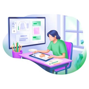 A modern pastel illustration depicting a focused student sitting at a desk in a classroom setting. The student is using a digital tablet with a stylus in hand, drawing with concentration. Surrounding the student are various art supplies, including colored pencils and sketchbooks. In the background, a large screen displays art concepts and examples. The classroom has light-colored walls and large windows allowing natural light to pour in, creating a vibrant and inspiring atmosphere.