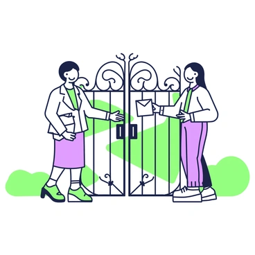 Two people are standing by their front gates, exchanging letters and smiling. On the left, there is a person with short hair wearing a light jacket, holding an envelope in their right hand. To the right, another person with long hair is wearing a casual sweater, also holding a letter in their left hand. The gates are decorative, made of wrought iron with intricate designs. In the background, there are small shrubs and a pathway leading up to the gates, creating a friendly and welcoming atmosphere.