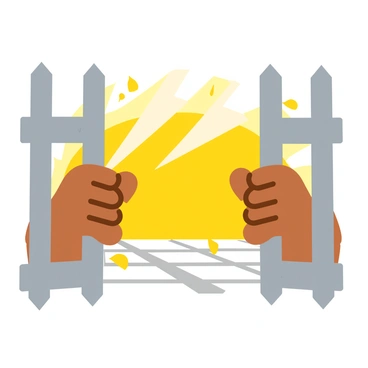 Two hands, strong and determined, are pushing apart a set of rusty prison bars. The bars are gray with signs of wear and corrosion, creating a stark contrast with the bright sunlight that streams through the gaps. The light creates patterns on the ground, illuminating dust particles floating in the air. The hands are muscular, with detailed knuckles and skin texture, showing the effort exerted in the action. The background features a stone wall that adds to the prison atmosphere.
